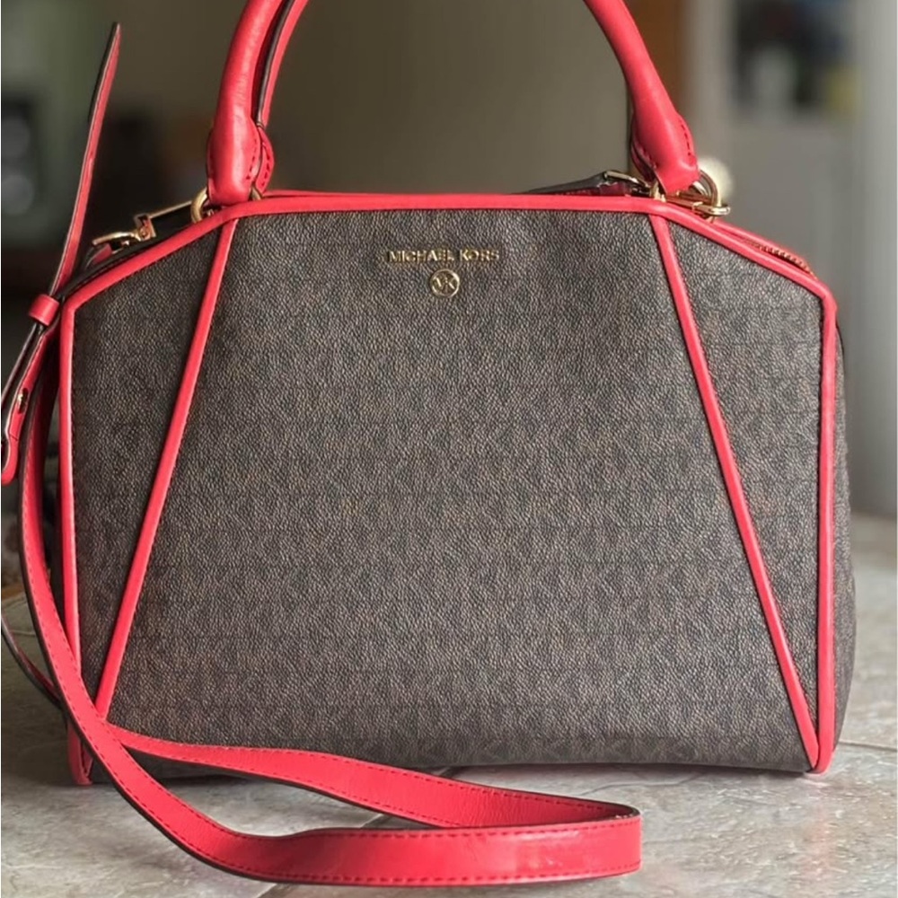 Michael Kors Brown and Red Satchel with Geometric Design